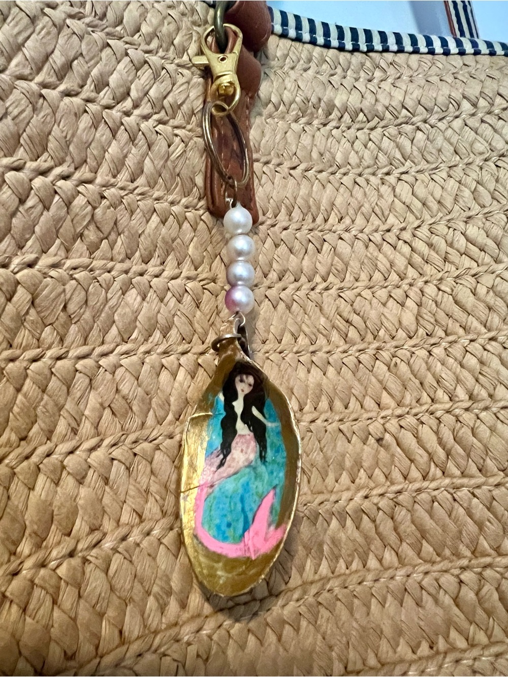Hand-Painted Mermaid Shell Pendant purse charm- Pink & Turquoise